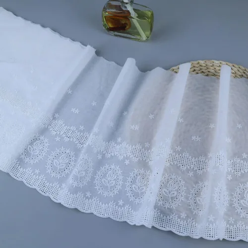 Vista 7 de Ribete de encaje con ojales de 4.8 yardas y 6 pulgadas de ancho, color blanco, de algodón, bordado con volantes, para costura, ropa de bebé, ropa
