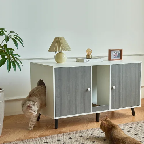 Vista 5 de Caja de arena para gatos para 2 gatos, caja de arena escondida con almohadilla para rascar, caja de arena cerrada, soporte de TV, mesa auxiliar