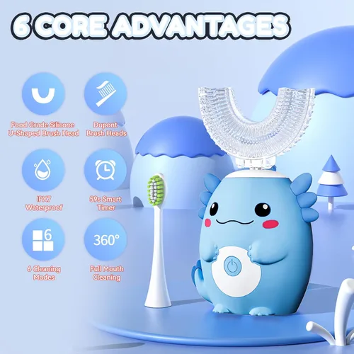 Vista 4 de Axolotl Cepillo de dientes eléctrico en forma de U para niños, cepillo de dientes automático Sonic de dibujos animados con 6 cabezales de cepillo