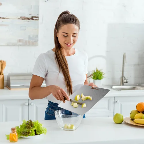 Vista 5 de Tabla de cortar de titanio, tablas de cortar de titanio para cocina, tabla de cortar de acero inoxidable de doble cara, duradera, no tóxica