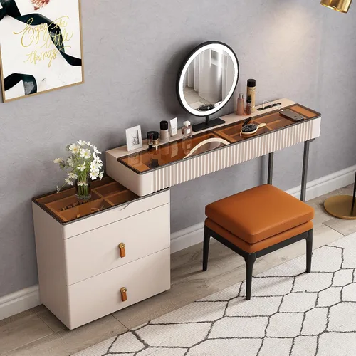 Vista 10 de Lartis Tocador de maquillaje con taburete, muy fácil de montar, combinación de gabinete de TV retráctil, tocador en uno, súper almacenamiento