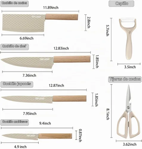 Vista 2 de Juego de cuchillos de cocina profesional de 7 piezas con bloque universal de cuchillos, juego de bloques de cuchillos súper afilados con mango Beige