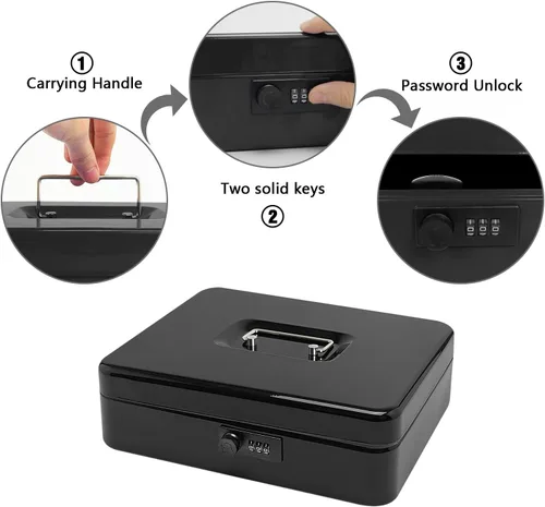 Vista 6 de Caja de efectivo de acero seguro con cerradura de combinación y bandeja extraíble, organizador de dinero de metal para uso doméstico y oficina Negro