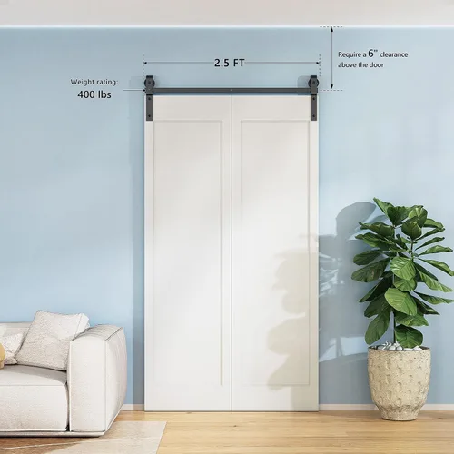 Vista 3 de ROOMTEC Kit de riel de hardware para puerta corrediza de granero biplegable de 2.5 pies, kit de rodillos negros para 2 puertas, forma de J