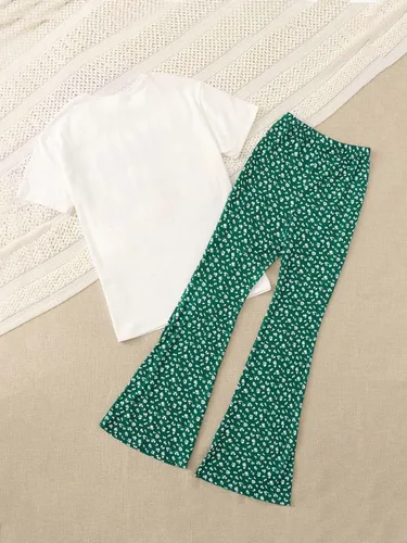 Vista 2 de SOLY HUX Conjunto de dos piezas para niña, camiseta de manga corta, camiseta gráfica y pantalones acampanados