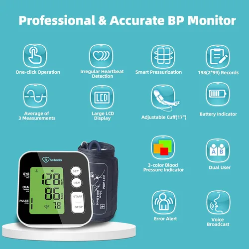 Vista 2 de Hetaida Monitor de presión arterial del brazo superior - Pantalla retroiluminada grande, aviso de voz, alimentado por USB y batería, memoria de 2