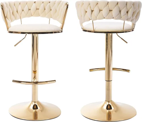 Vista 20 de Juego de 2 taburetes de bar de terciopelo giratorios con base de metal dorado, taburetes de bar modernos de altura de mostrador para cocina, pub