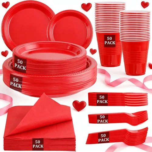 Vista 10 de MirthMood - 350 platos desechables negros, platos negros, suministros de plástico para fiestas, incluye 50 platos llanos, 50 platos de ensalada, 50