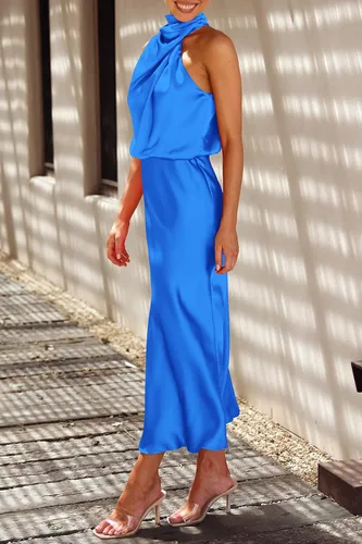 Vista 8 de CFLONGE Vestidos de verano para mujer 2023 con cuello alto falso sin mangas, vestido largo de satén para invitados de boda, fiesta de noche