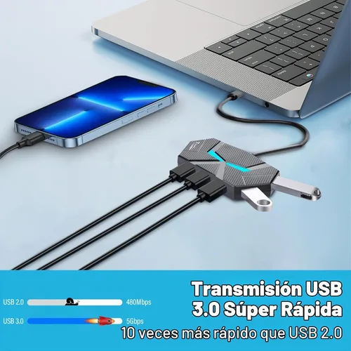 Vista 3 de Hub USB C 3.0 con 7 puertos, adaptador USB C multipuerto para transferencia y carga de datos, divisor de concentrador USB para laptop, escritorio