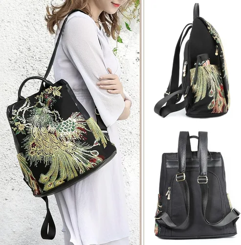 Vista 4 de Bolso bordado de la mochila de las mujeres, bolso antirrobo de la mochila del viaje de la lona de la moda, Bordado con purpurina, Mochilas de mochila