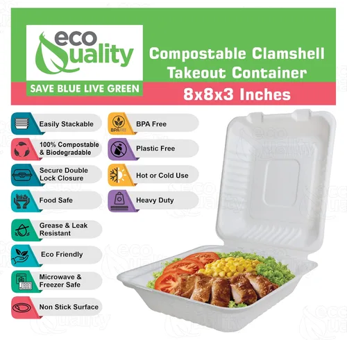 Vista 2 de Contenedor de comida cuadrado compostable con bisagras de 8 x 8 pulgadas, contenedores desechables de calidad resistente, caja de comida ecológica