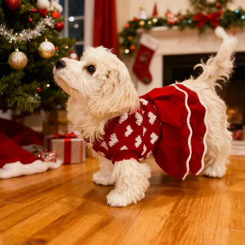 Vista 2 de Suéteres para Perros Pequeños para Niñas Rojos de Invierno, Ropa Cálida para Perros, Vestido de Navidad para Perros, Traje de Día, Ropa