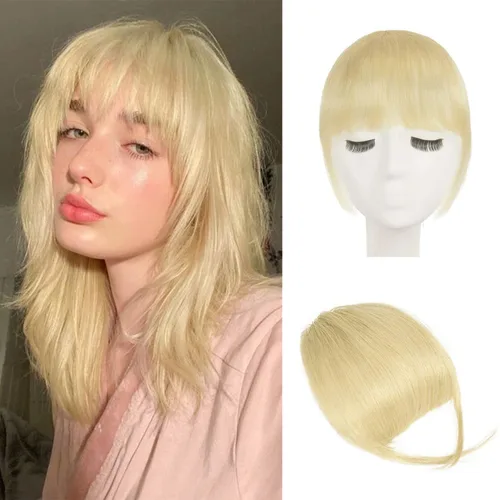 Vista 15 de BARSDAR Flequillo postizo de pelo humano real - Flequillo postizo 100% pelo humano para mujeres - Extensiones de flequillo ondulado castaño rojizo