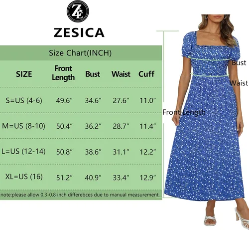 Vista 6 de ZESICA - Vestido de verano largo para mujer, diseño acampanado con cuello cuadrado y volantes, estampado floral y bohemio, para la playa