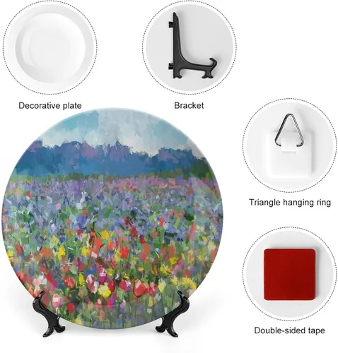Vista 3 de Plato decorativo de porcelana redonda de 6 pulgadas, paisaje rural con ramo de flores de tulipán, prado de primavera, placa de exhibición para mesa