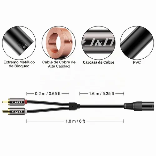 Vista 3 de J&D - Cable de conexión divisor XLR a 2 RCA Y, carcasa de PVC, desequilibrado, doble RCA macho a XLR macho, adaptador de cable de interconexión