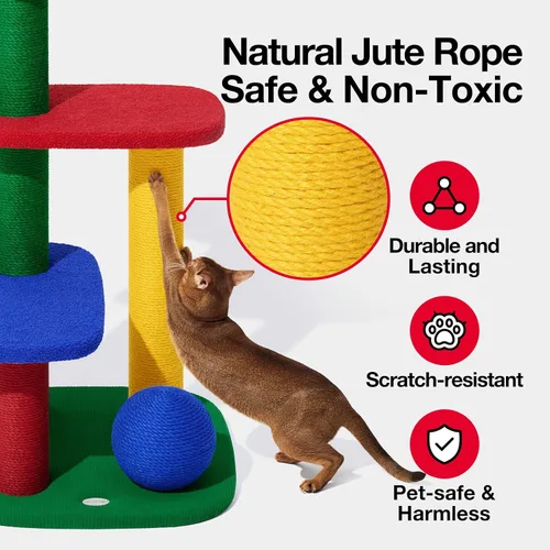Vista 3 de VETRESKA Torre para gatos de varios niveles de 38.6 pulgadas, árbol para gatos con plataforma, postes rascadores de sisal y bola para rascar, centro