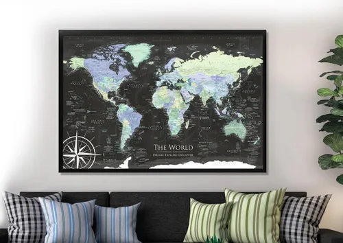 Vista 2 de GEOJANGO Mapa de viaje del mundo personalizado con alfileres, lienzo estirado de pared grande, póster enrollado o mapa enmarcado, mapa personalizado