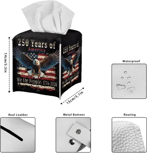 Vista 5 de 250th Anniversary Square Tissue Box Cover Pu Leather Tissue Holder Facial Paper Cover Waterproof Toilet Paper Holder for Bathroom Bedroom Modern