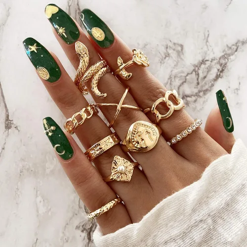 Vista 3 de Juego de anillos de nudillos dorados y plateados para mujeres y niñas 10 anillos BOHO anillos de cadena de serpiente vintage anillo de declaración