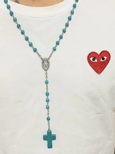 Vista 5 de Collar de cuentas largas con colgante para mujeres y hombres, cuentas de cristal turquesa, rosario católico, medalla de Santa María, cruz milagrosa