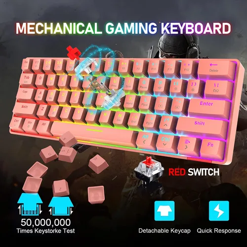 Vista 3 de Teclado mecánico inalámbrico 60% de modo dual BT5.0USB-C para juegos con retroiluminación arco iris, compacto, 61 teclas, ergonómico, recargable