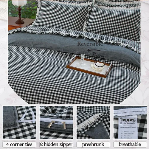 Vista 5 de FADFAY Twin 100% Washed Cotton Black & White Gingham Ruffle Duvet Cover Set Soft, Breathable, Crisp, Hidden Zipper Closure, 8 Corner Ties