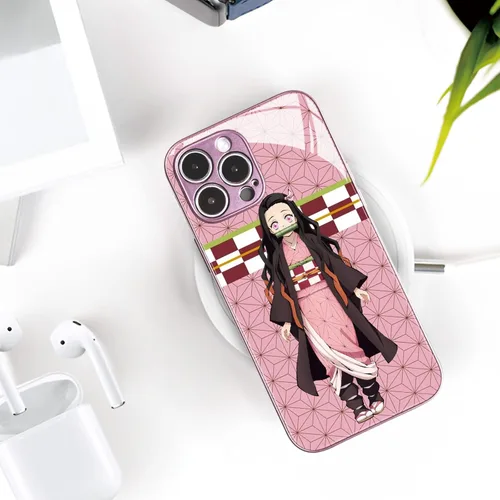 Vista 5 de Nezuko Kamado Anime Rosa Funda de Teléfono - Concha Protectora de Vidrio Templado con Patrón de Personajes de Manga para iPhone 11 Pro
