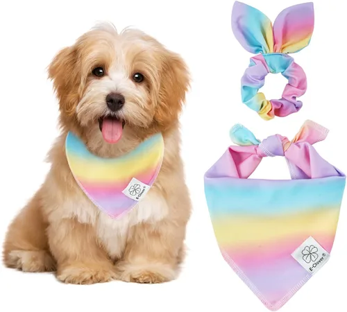 Vista 9 de E-Clover Bandana de Perro a Cuadros Marrón y Scrunchie a Juego - Bandana de Perro de Otoño Triangular a Cuadros Bufanda Babero para Mascotas