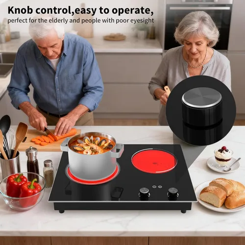 Vista 7 de VBGK Cocina eléctrica, 2100 W empotrada y encimera, 2 quemadores, estufa eléctrica con 10 niveles de calefacción, temporizador y bloqueo