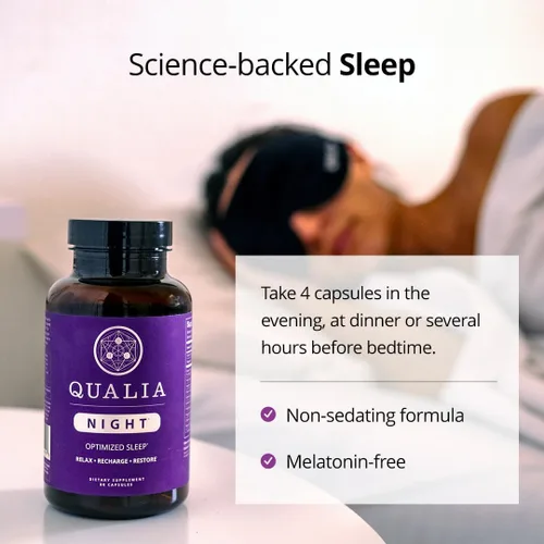 Vista 5 de Qualia Night Sleep Aid Formación sin hábito Suplemento respaldado por la ciencia para un sueño refrescante profundo Sin melatonina, vegano
