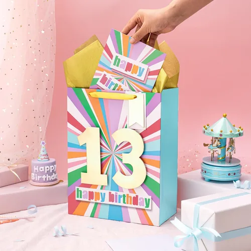 Vista 7 de WRAPAHOLIC Bolsa de regalo de cumpleaños grande de 13 pulgadas con tarjeta y papel de seda - 13 cumpleaños