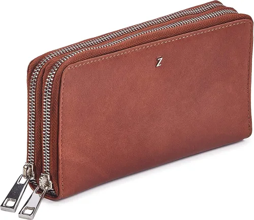 Vista 3 de Cartera de piel auténtica para mujer, con doble cremallera alrededor de la protección RFID, Bronceado