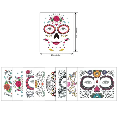 Vista 4 de Tatuajes faciales del Día de los Muertos, 8 hojas de tatuajes faciales temporales de calavera de azúcar para maquillaje de fiesta de Halloween