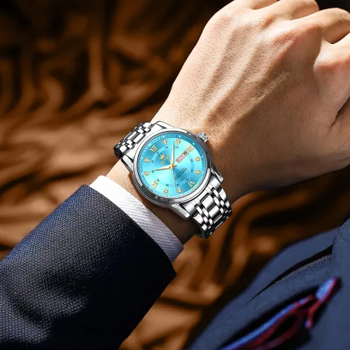 Vista 2 de OLEVS Reloj para hombre clásico vestido de negocios analógico cuarzo acero inoxidable impermeable luminoso fecha diamante hombres reloj de plata