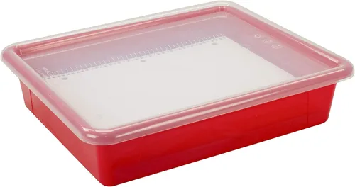 Vista 8 de Storex Bandeja de almacenamiento plana tamaño carta, contenedor organizador con tapa sin broches para aula, oficina y hogar, rojo, paquete de 5