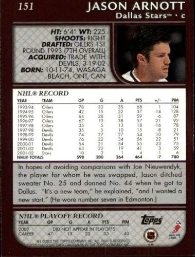Vista 2 de 2002-03 Topps #151 Jason Arnott NHL Hockey Trading Card