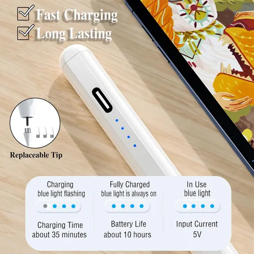 Vista 4 de Lápiz óptico activo para pantallas táctiles Pluma de tableta recargable Punta POM Lápiz magnético para iPad Stylus Pen para Blanco