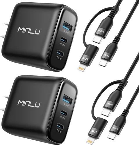 Vista 9 de GaN - Bloque de cargador USB C de 65 W, cargador de pared compacto de 3 puertos tipo C con cable USB-C/L 2 en 1 de 6 pies, 100 W, carga rápida