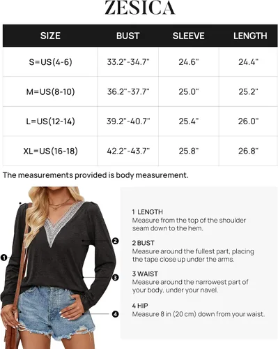 Vista 6 de ZESICA Camisetas casuales de manga larga para mujer, con cuello en V, de encaje, básicas, para verano y otoño