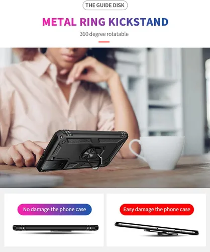 Vista 3 de Androgate Funda compatible con Samsung Galaxy S21 FE 5G con protectores de pantalla HD, soporte de anillo de metal de grado militar, prueba de Negro