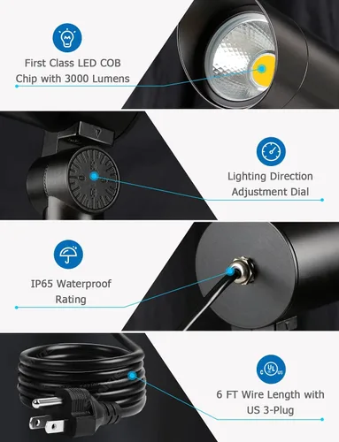 Vista 4 de SUNVIE - Paquete de 2 focos LED para exteriores de 30 W, foco ultrabrillante de 120 V, 3000 lm, con poste de bandera de metal, luz de inundación