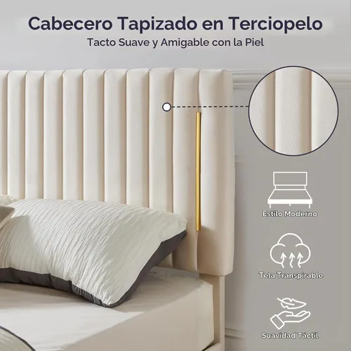 Vista 4 de Furnify Armazón de Cama de Plataforma Twin, Armazón de Cama Tapizado en Terciopelo con Cabecera Ajustable de Canal Vertical, Ribete de Enchapado