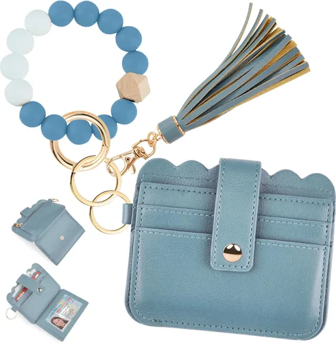 Vista 27 de Cartera de pulsera para mujer con llavero – Tarjetero RFID pequeña cartera con llavero Beige