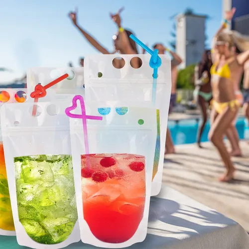 Vista 7 de Ozera - 100 bolsas de bebidas, bolsas de jugo de 16 onzas con 100 popotes y embudo Cremallera sellada, bolsas de jugo de batido de mano