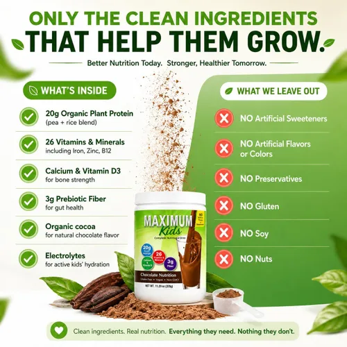 Vista 4 de Maximum Kids - Mezcla completa de polvo orgánico. Gran sabor, fácil de usar, bebida nutricional completa con 26 vitaminas y minerales, 0.71 onzas