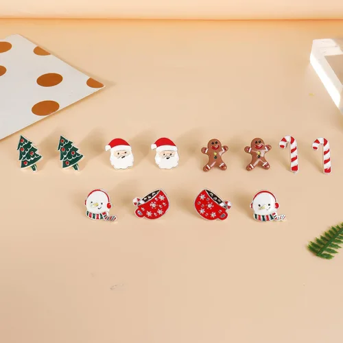 Vista 4 de Juego de 20 pares de aretes de Navidad para mujer, campanas de árbol de Navidad, lazos de copo de nieve, aretes de tuerca de Navidad para niñas