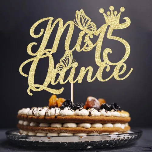 Vista 7 de Kaoenla Mis membrillo 15 para tartas dorado con purpurina para cumpleaños 15, saludos a los 15 años, quinceañera, decoraciones de feliz cumpleaños