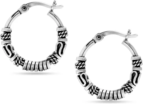 Vista 5 de LeCalla Aretes de aro balinesa oxidados de plata de ley 925, pequeños aretes de aro con cuentas de Bali antiguos para mujer